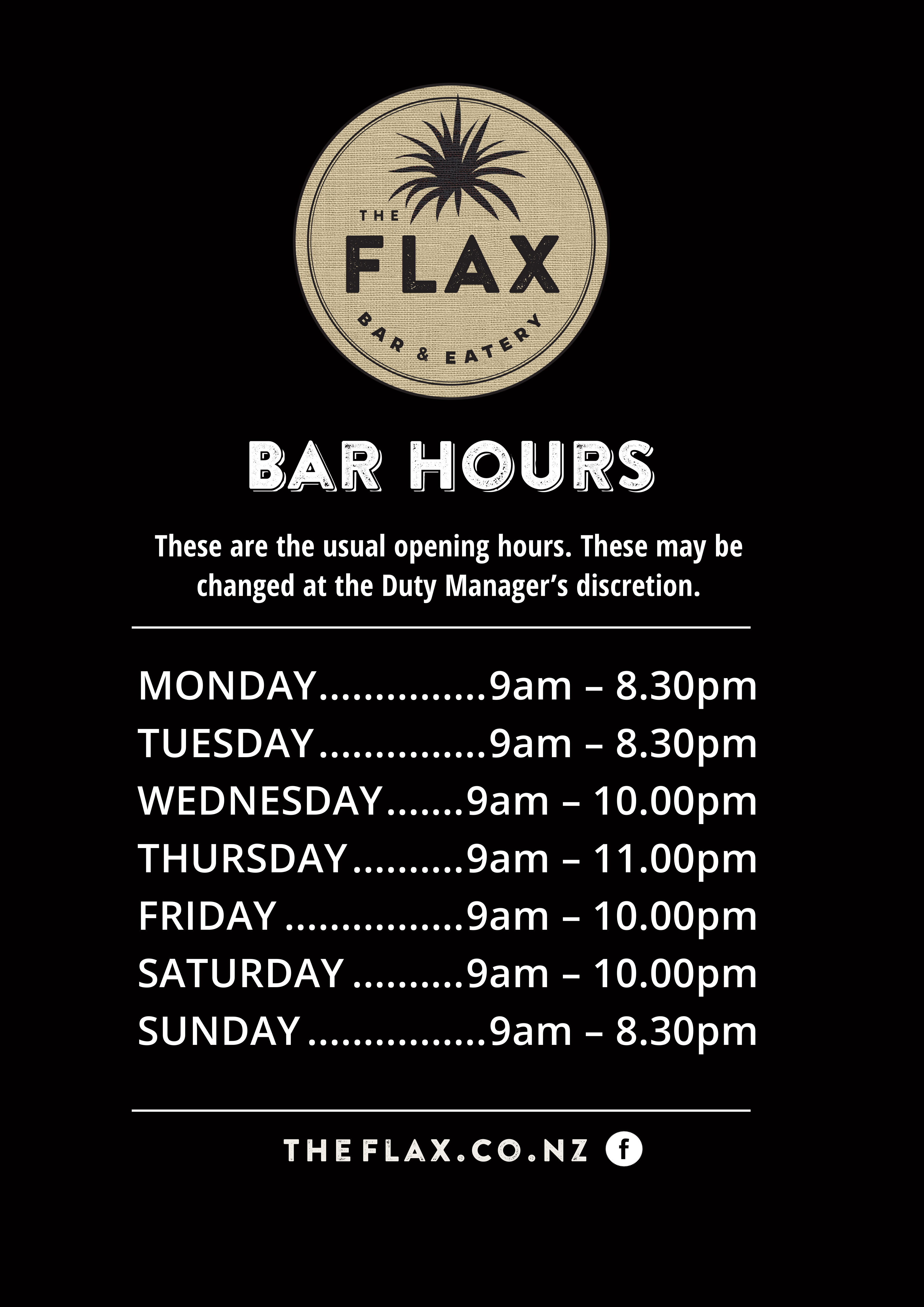 Flax new bar hours_2018 The Flax